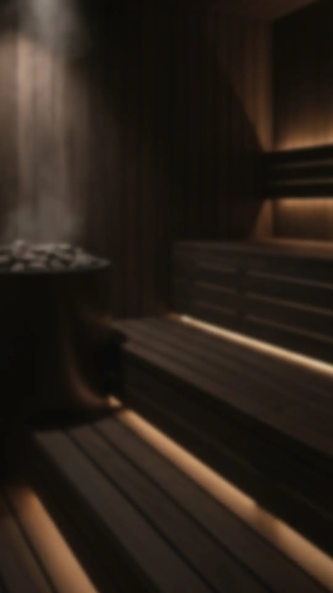 Sauna von innen mit gedämmter Beleuchtung. Sitzbänke sind indirekt beleuchtet und das Interior ist aus Holz.