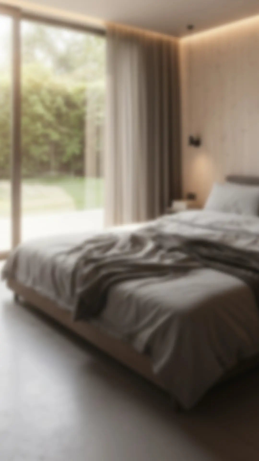 Modernes Schlafzimmer mit bodentiefen Fenstern und einen Blick in den Garten.