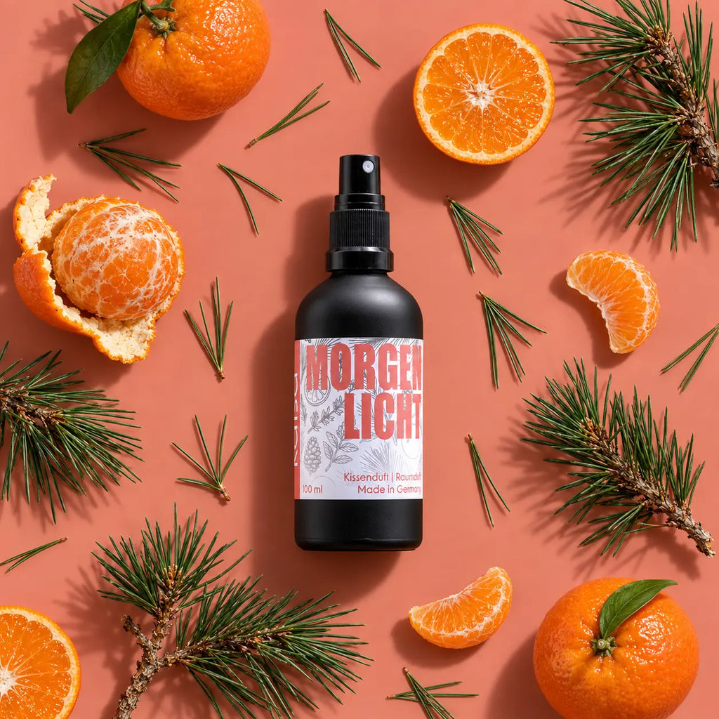 kaisa MORGENLICHT Kissen- und Raumduft, 100-ml-Sprühflasche mit Mandarinen und Nadelzweigen auf korallfarbenem Hintergrund