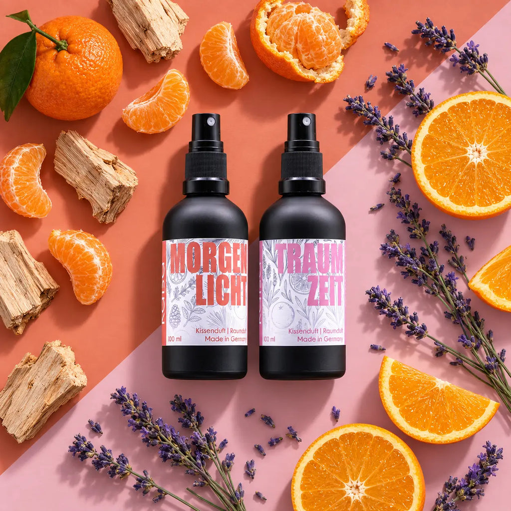 kaisa MORGENLICHT und TRAUMZEIT, zwei 100-ml-Sprühflaschen mit Zitrusfrüchten, Lavendel und Holzstücken auf zweifarbigem Hintergrund
