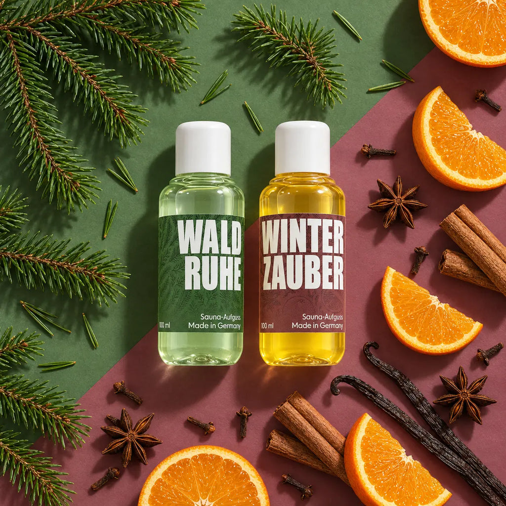 kaisa WALDRUHE und WINTERZAUBER, zwei 100-ml-Saunaaufgüsse mit Nadelzweigen, Orangenscheiben und Gewürzen auf grün-braunem Hintergrund